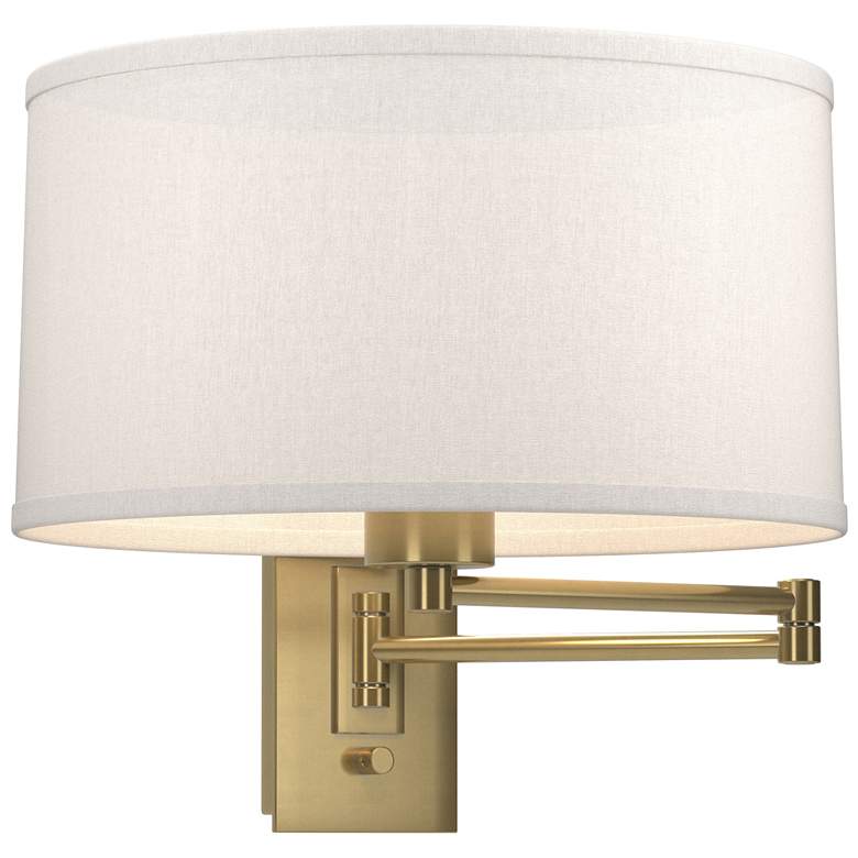 Image 1 Simple 11" High Modern Brass Swing Arm Sconce With Flax Shade