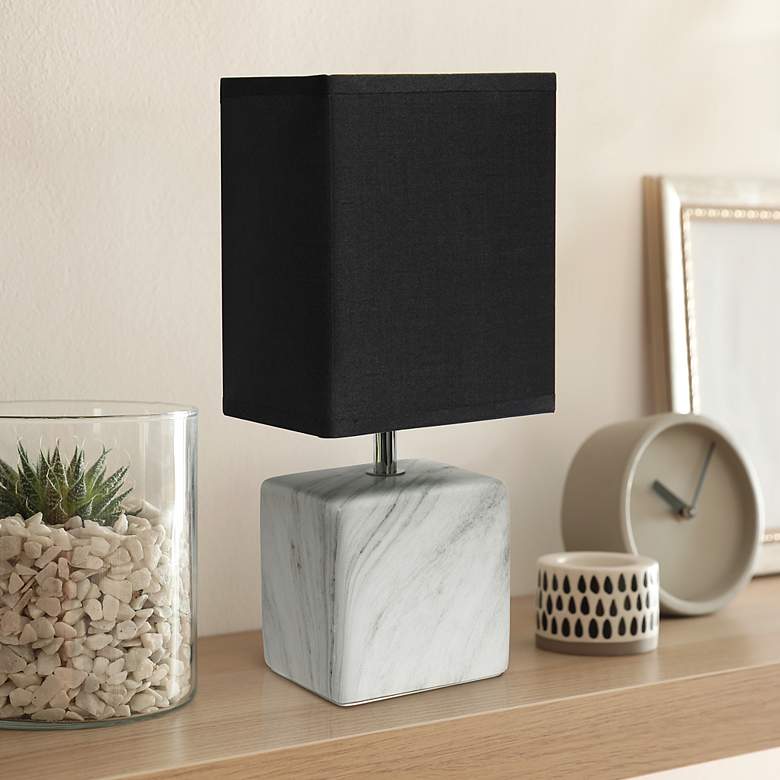 Image 1 Simple Designs 11 3/4"H White Marble Ceramic Table Lamp w/ Black Shade