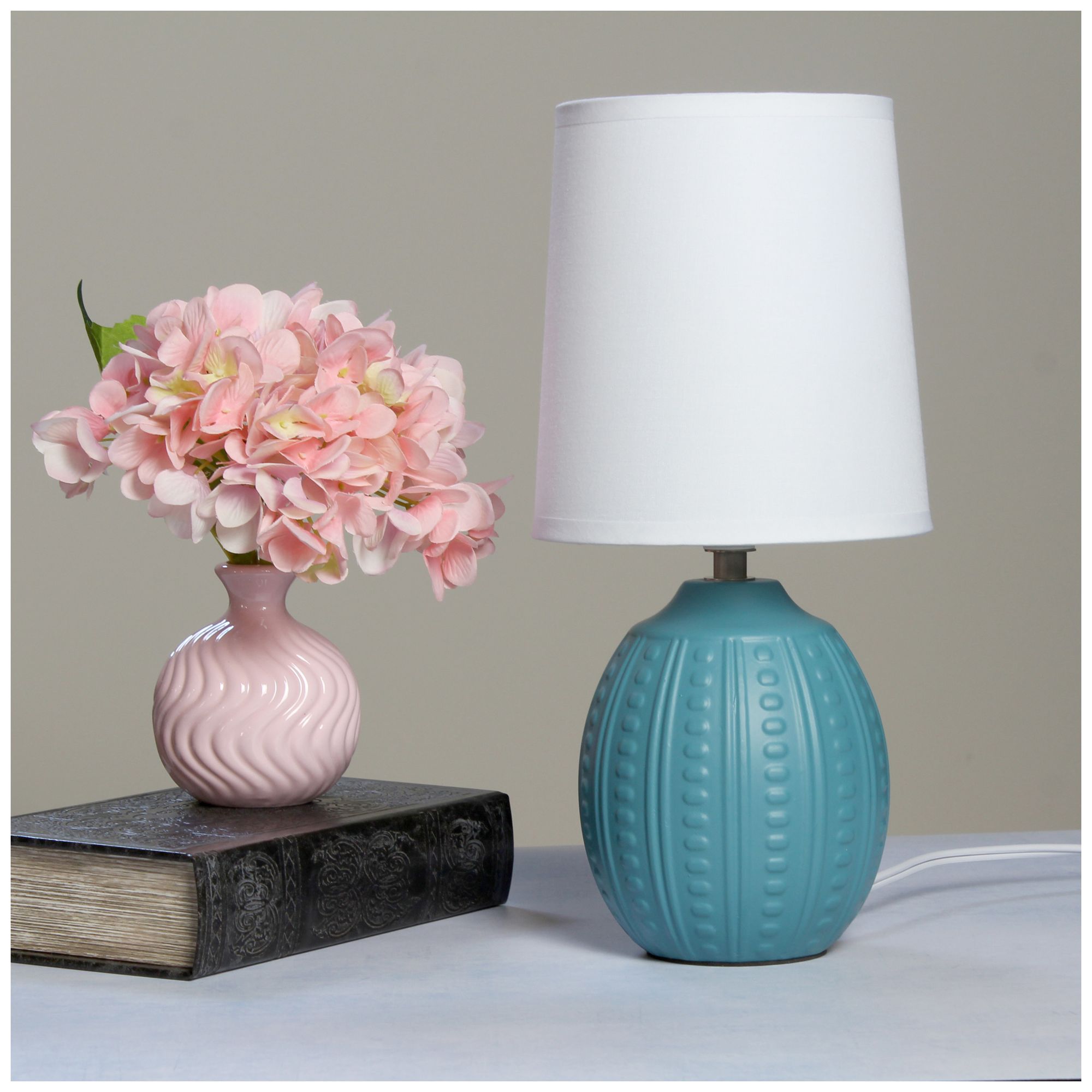 Simple Designs 12.5" Mini Textured Oval Table Lamp, WHT Fabric Shade, Teal