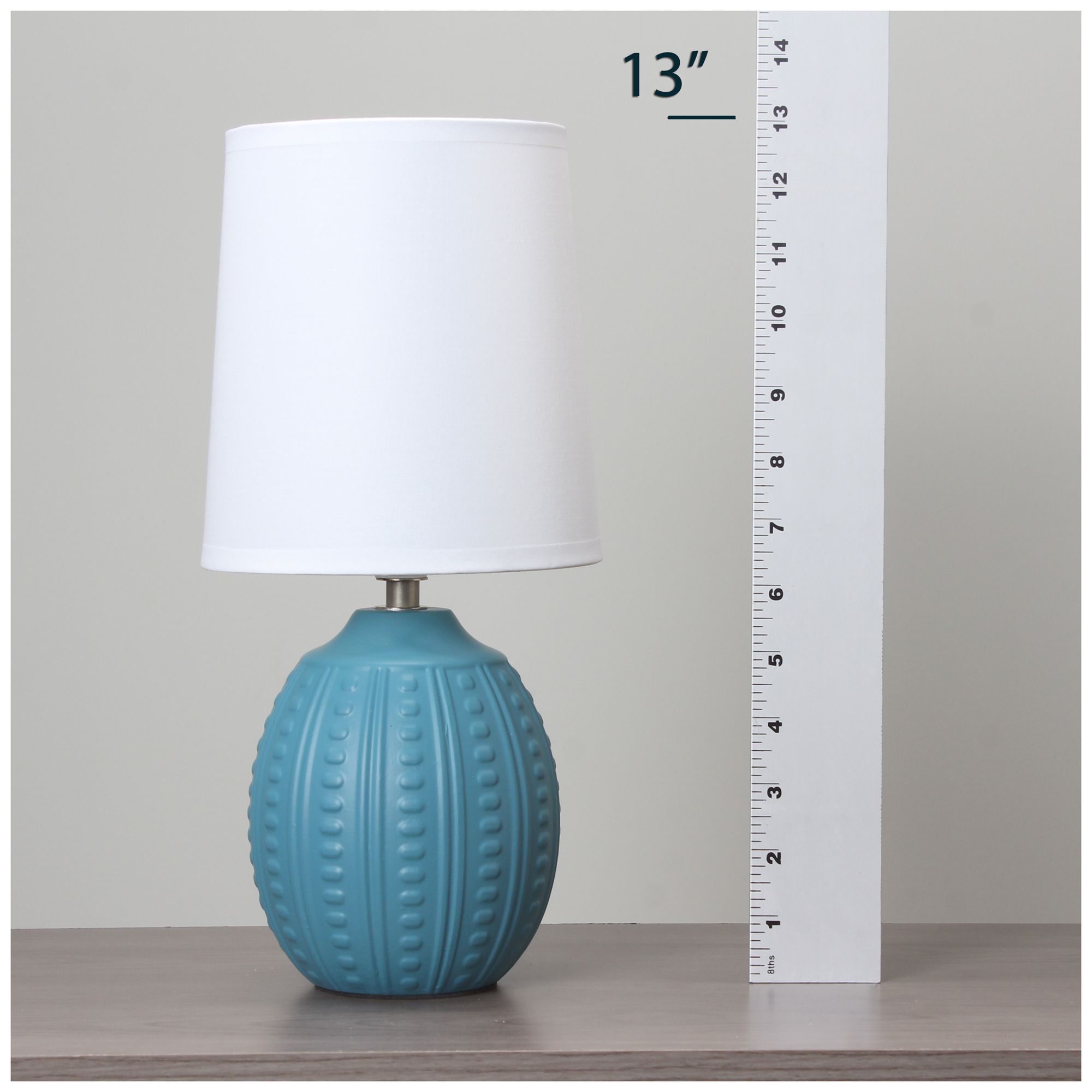 Simple Designs 12.5" Mini Textured Oval Table Lamp, WHT Fabric Shade, Teal