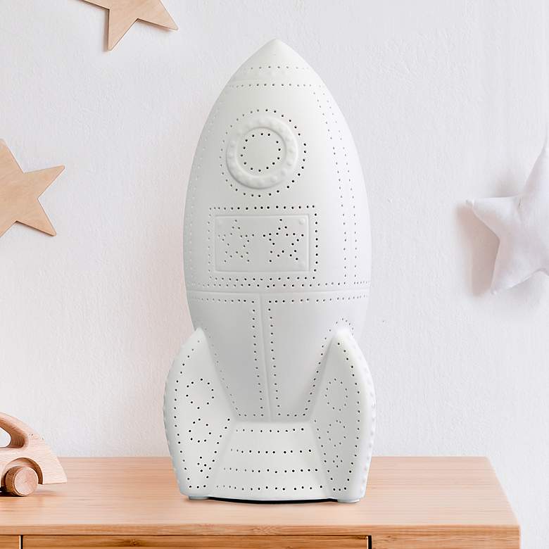 Image 1 Simple Designs 12 1/2 inchH White Porcelain Rocketship Accent Table Lamp