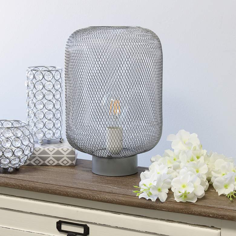 Image 1 Simple Designs 12 1/4 inchH Gray Metal Mesh Accent Table Lamp