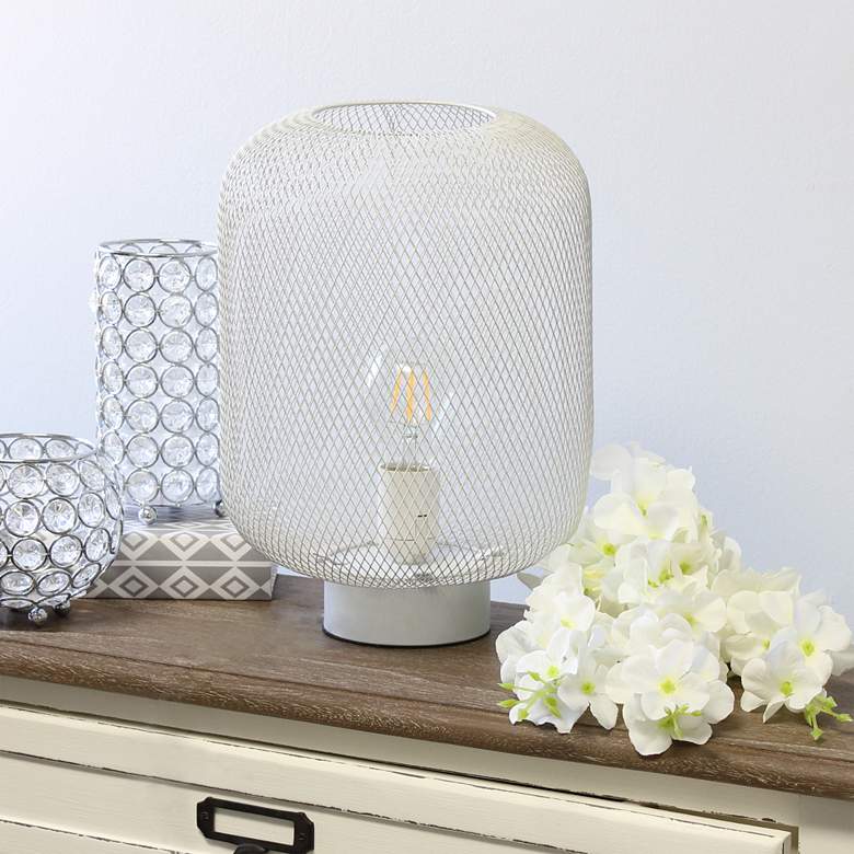 Image 1 Simple Designs 12 1/4 inchH White Metal Mesh Accent Table Lamp