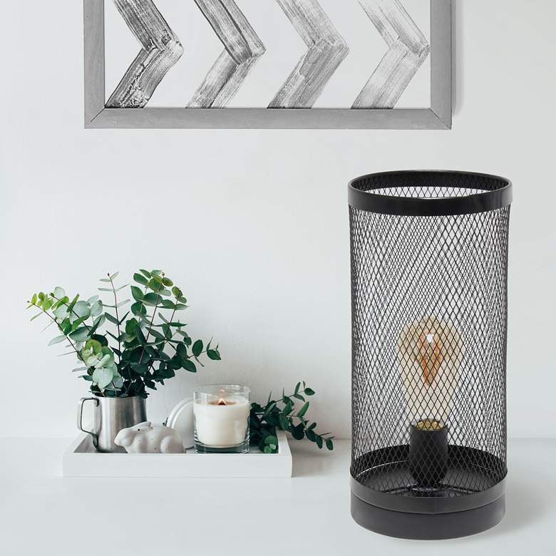 Image 1 Simple Designs 12 3/4 inchH Black Mesh Cylinder Accent Lamp