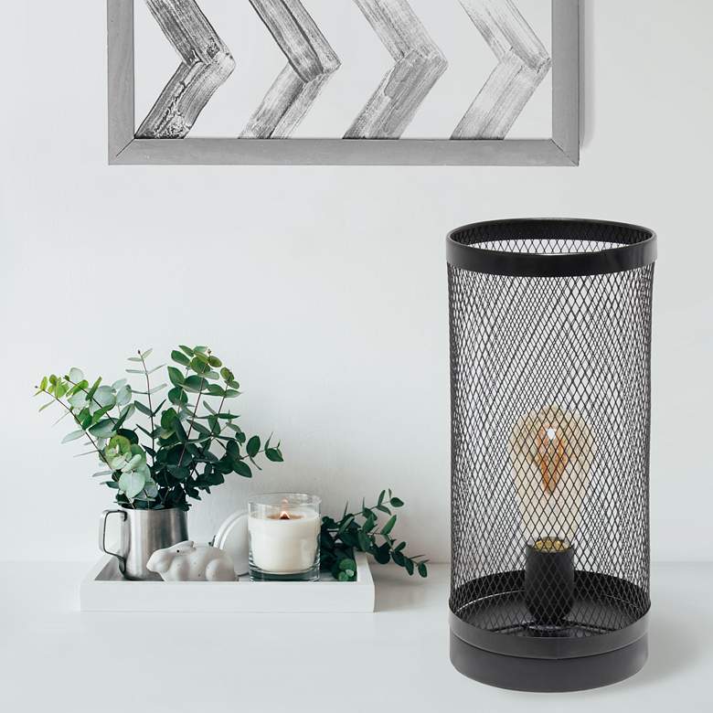 Image 1 Simple Designs 12 3/4"H Black Mesh Cylinder Accent Lamp