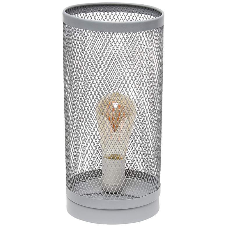 Image 2 Simple Designs 12 3/4 inchH Gray Mesh Cylinder Accent Table Lamp