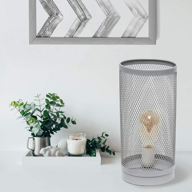 Image 1 Simple Designs 12 3/4 inchH Gray Mesh Cylinder Accent Table Lamp