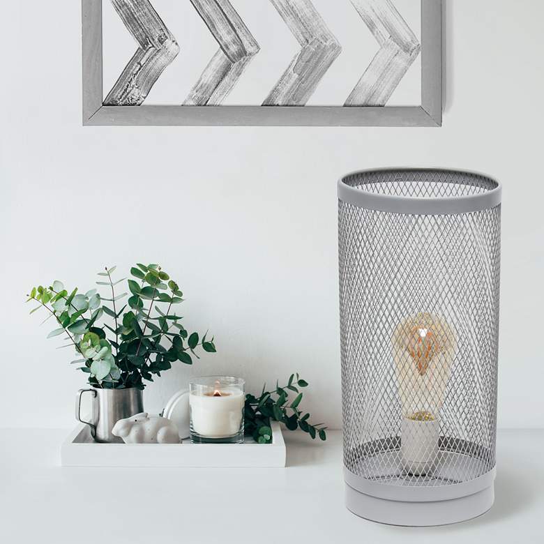 Image 1 Simple Designs 12 3/4"H Gray Mesh Cylinder Accent Table Lamp
