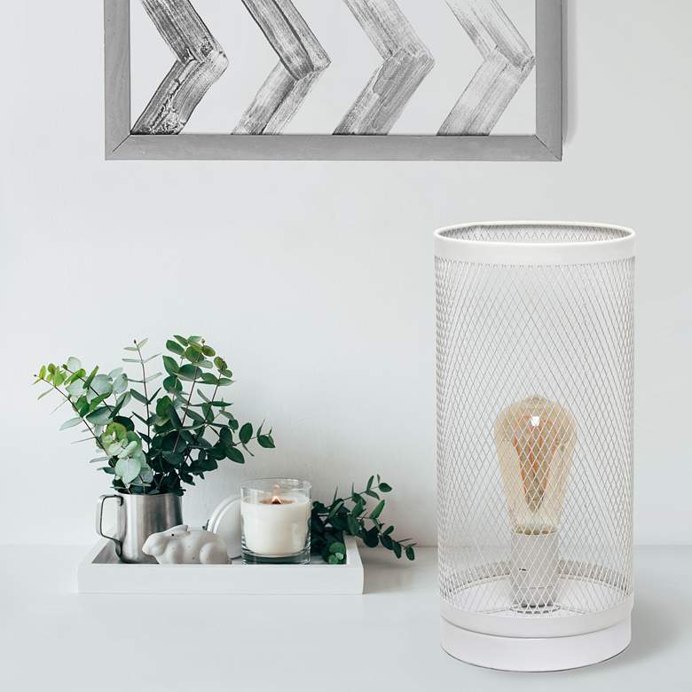 Image 1 Simple Designs 12 3/4 inchH White Mesh Cylinder Accent Lamp