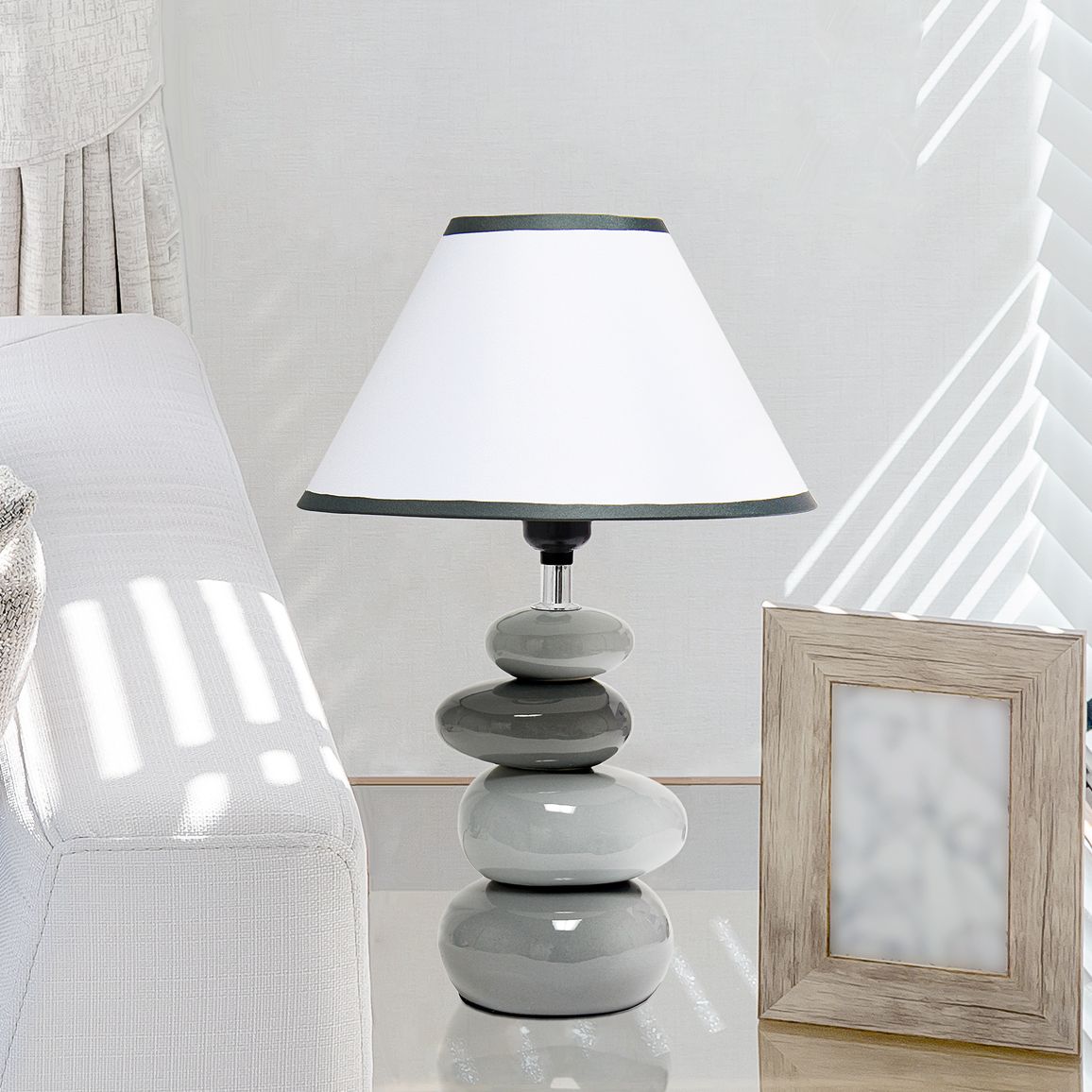 gray lamps with white shades