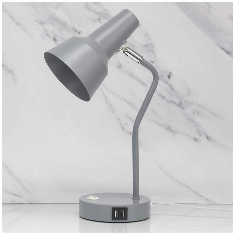 Image 1 Simple Designs 15.2" Sleek Metal Desk Lamp, Adj Shade, Dual USB Ports, Gray
