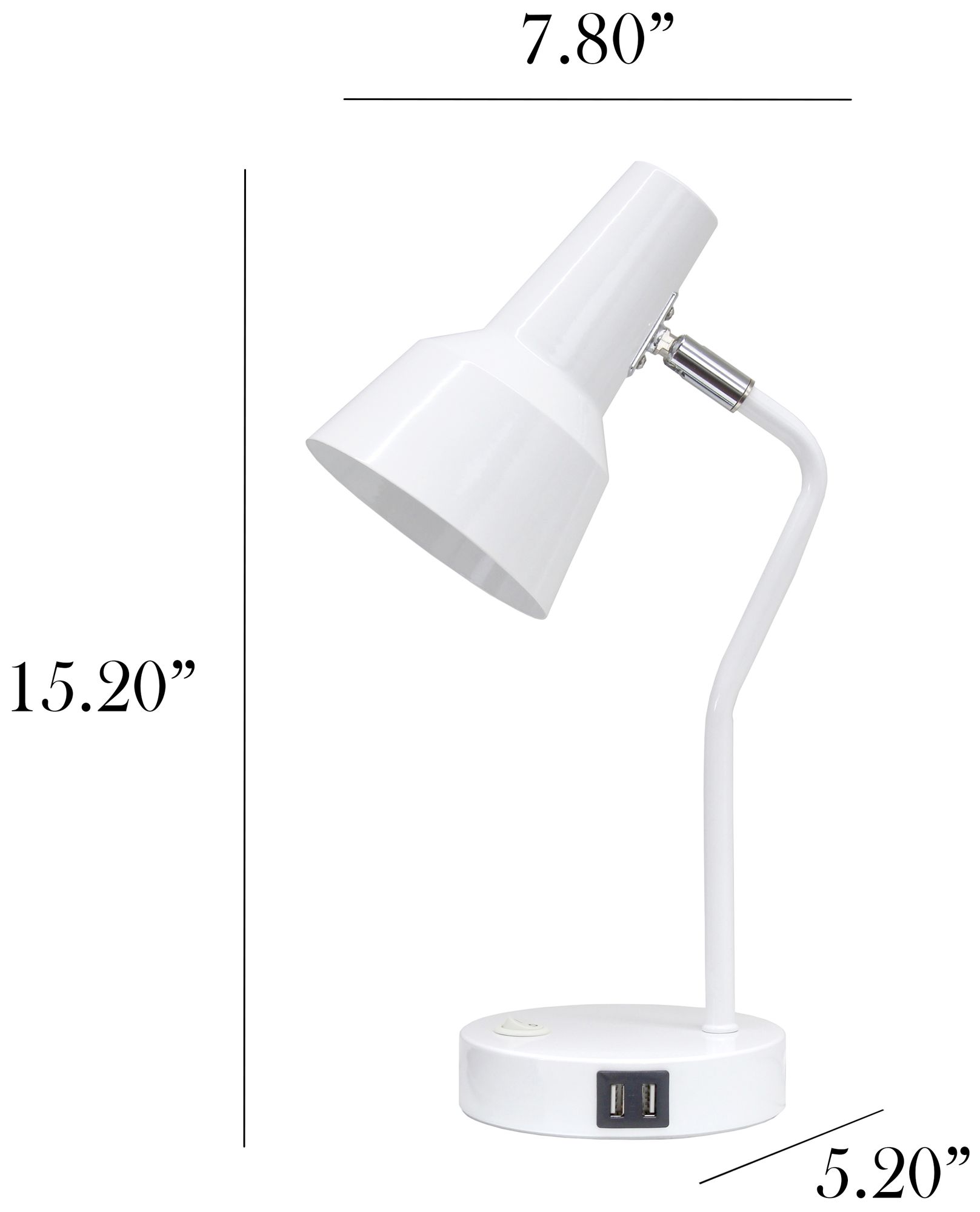 Simple Designs 15.2" Sleek Metal Desk Lp, Adj Shade, Dual USB Ports, White