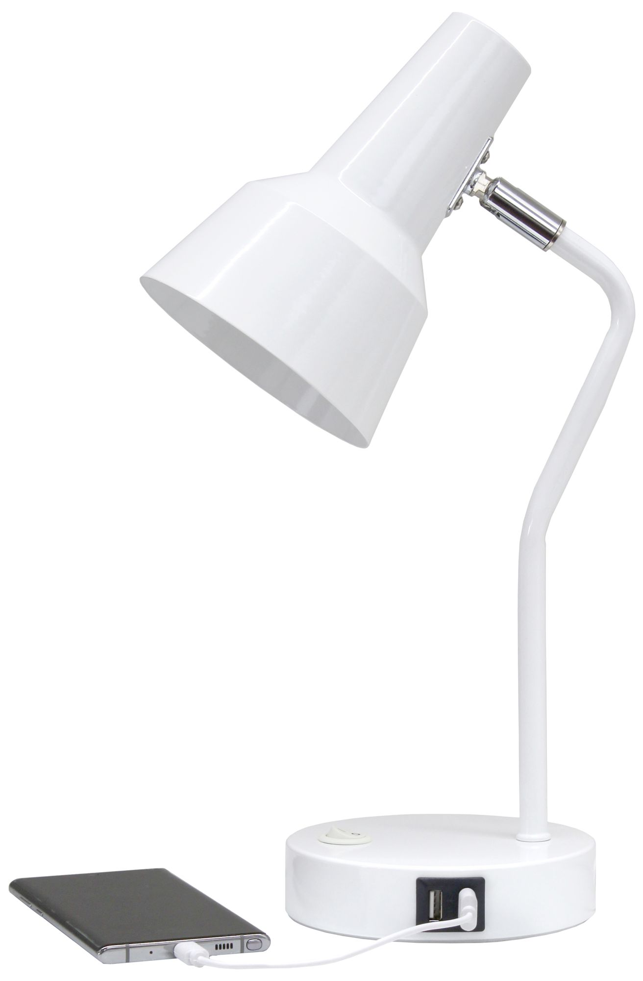 Simple Designs 15.2" Sleek Metal Desk Lp, Adj Shade, Dual USB Ports, White