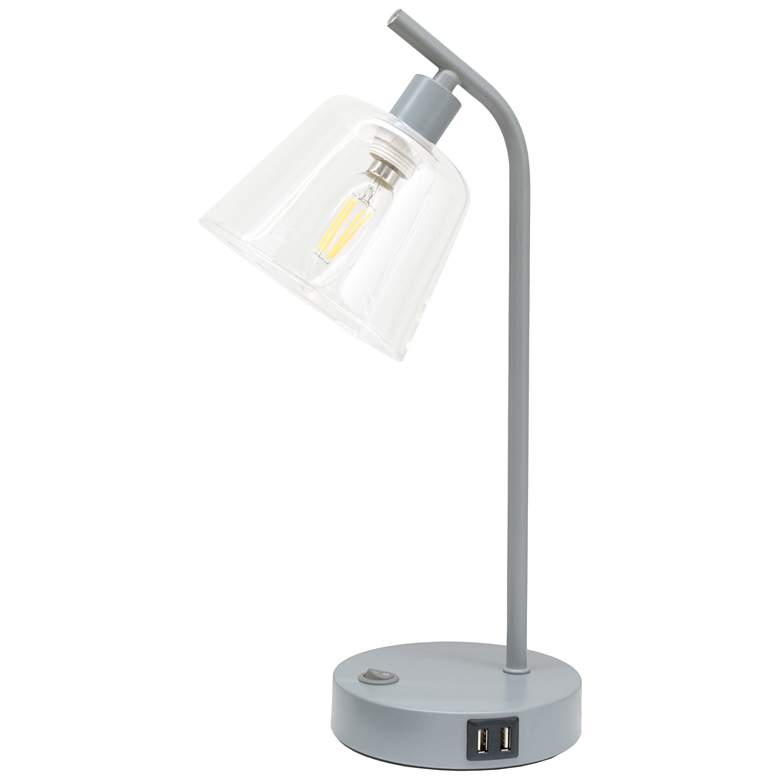Image 2 Simple Designs 15.75" Industrial Metal Desk Lp, Cl Shade, 2 USB Ports, Gray