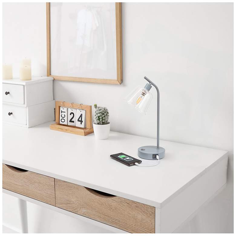 Image 6 Simple Designs 15.75" Industrial Metal Desk Lp, Cl Shade, 2 USB Ports, Gray more views