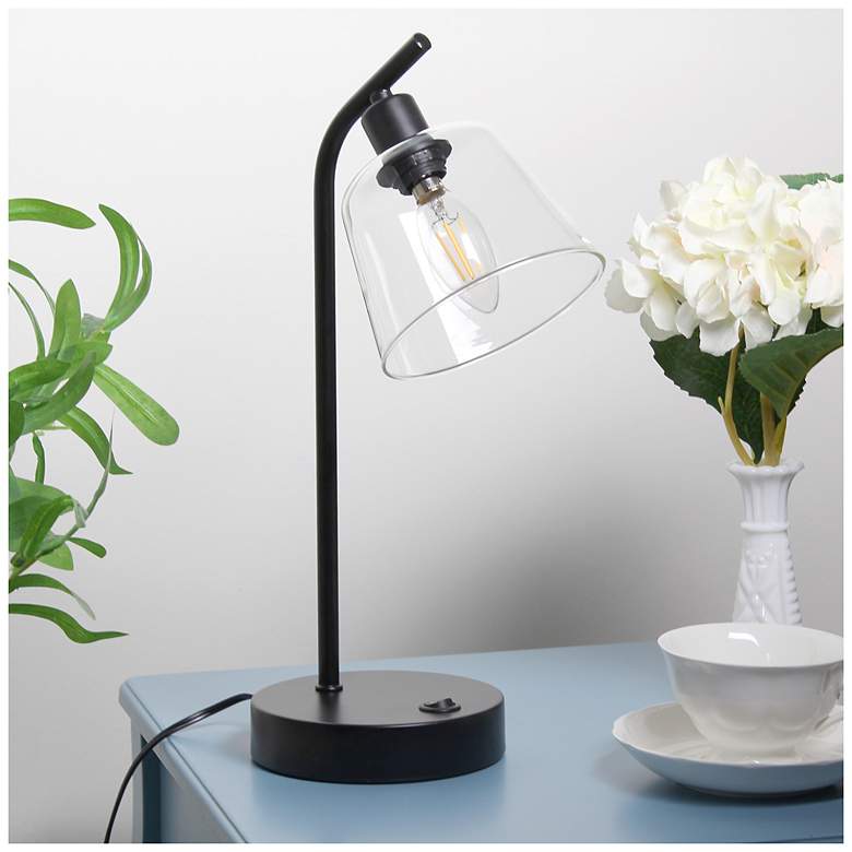 Image 1 Simple Designs 15.75" Industrial Mtl Desk Lp, Glass Shd, 2 USB Ports, BLK