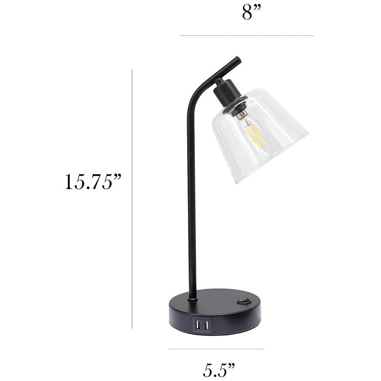 Image 5 Simple Designs 15.75" Industrial Mtl Desk Lp, Glass Shd, 2 USB Ports, BLK more views