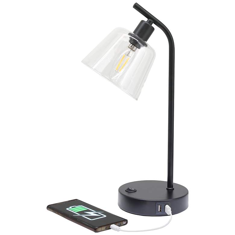 Image 7 Simple Designs 15.75" Industrial Mtl Desk Lp, Glass Shd, 2 USB Ports, BLK more views