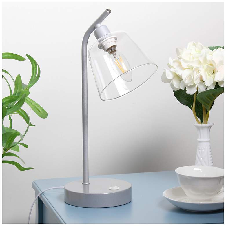 Image 1 Simple Designs 15.75" Industrial Mtl Desk LP, Gls Shd, 2 USB Ports, Silver