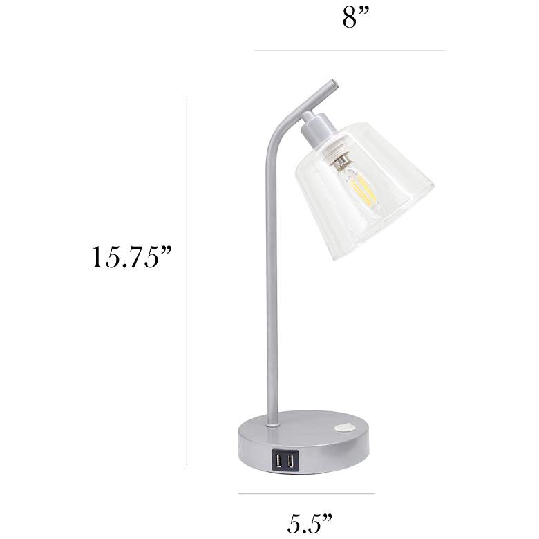 Image 5 Simple Designs 15.75" Industrial Mtl Desk LP, Gls Shd, 2 USB Ports, Silver more views
