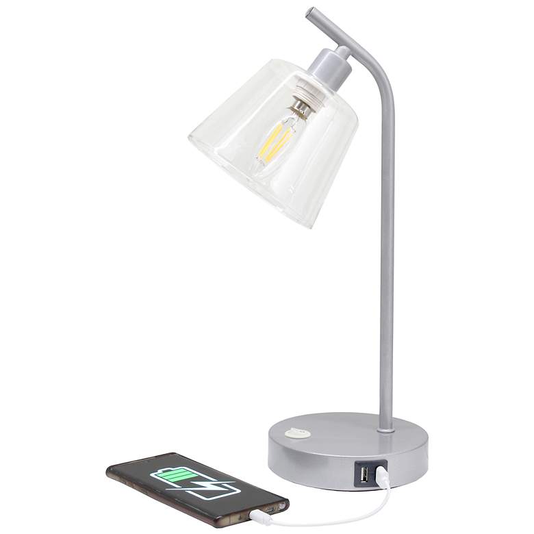 Image 7 Simple Designs 15.75" Industrial Mtl Desk LP, Gls Shd, 2 USB Ports, Silver more views