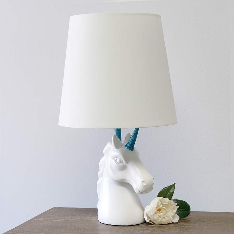 Image 1 Simple Designs 16 inchH Sparkling Blue and White Unicorn Accent Table Lamp