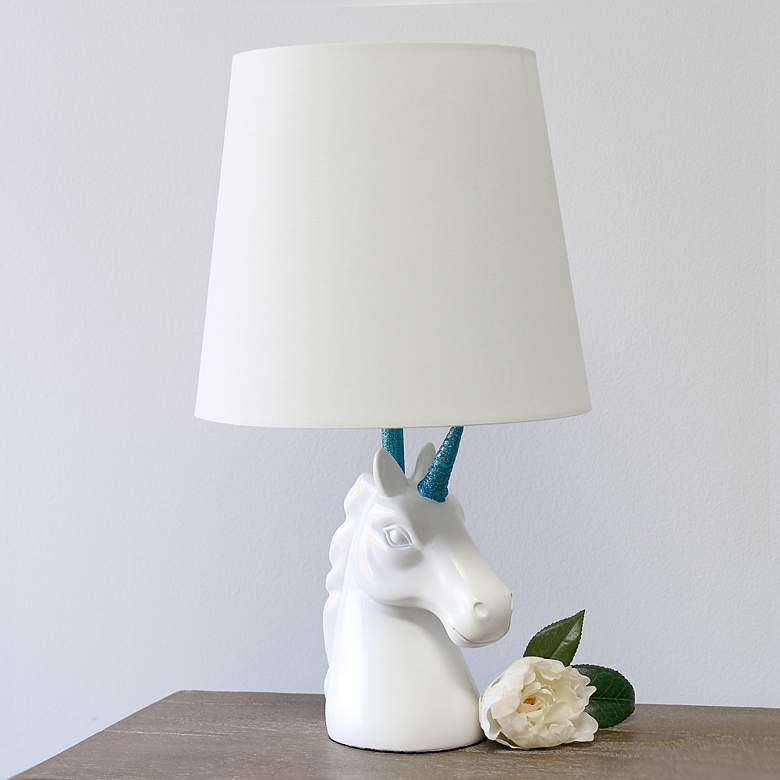 Image 1 Simple Designs 16"H Sparkling Blue and White Unicorn Accent Table Lamp
