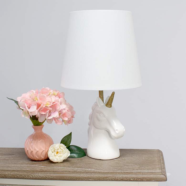 Image 1 Simple Designs 16 inchH Sparkling Gold and White Unicorn Accent Table Lamp