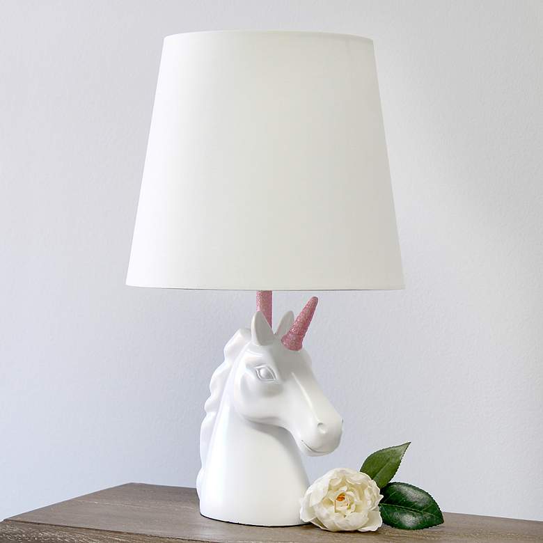 Image 1 Simple Designs 16 inchH Sparkling Pink and White Unicorn Accent Table Lamp
