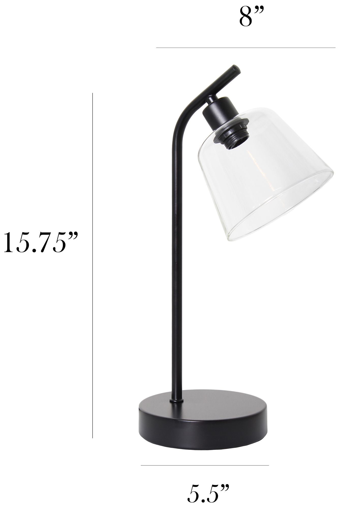 Simple Designs 16" Industrial Metal Desk Lamp, Clear Glass Shade, Black