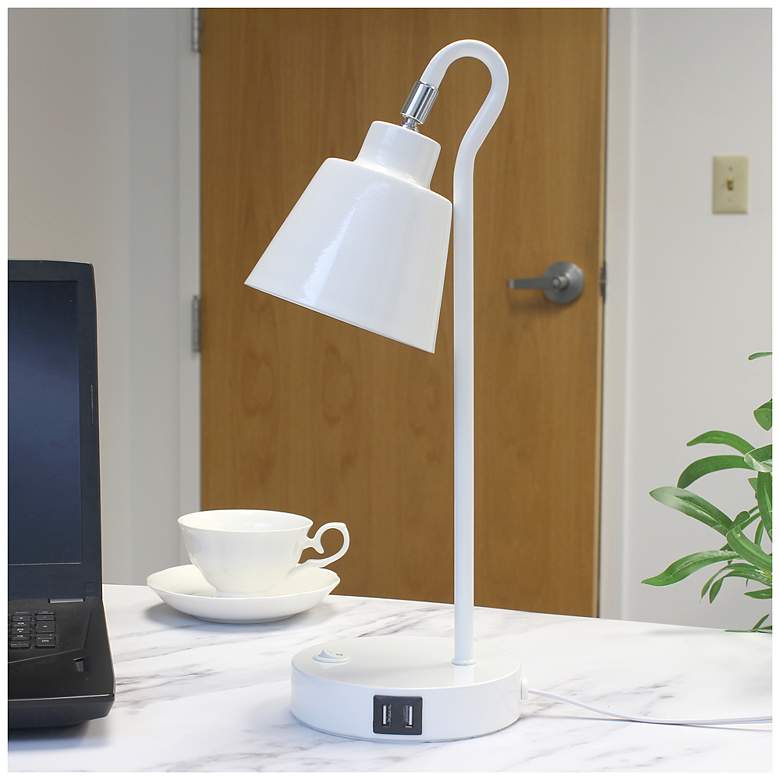 Image 1 Simple Designs 16" Metal Desk Task Lamp, Adj Shade, Dual USB Ports, White