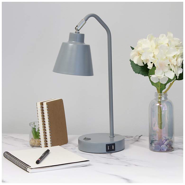 Image 1 Simple Designs 16" Sleek Adj Metal Desk Task Lamp, Dual USB Ports, Gray