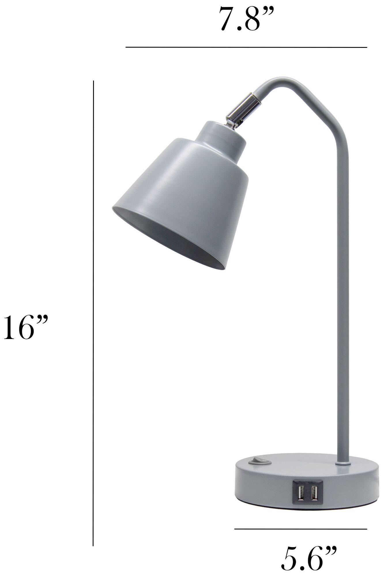 Simple Designs 16" Sleek Adj Metal Desk Task Lamp, Dual USB Ports, Gray