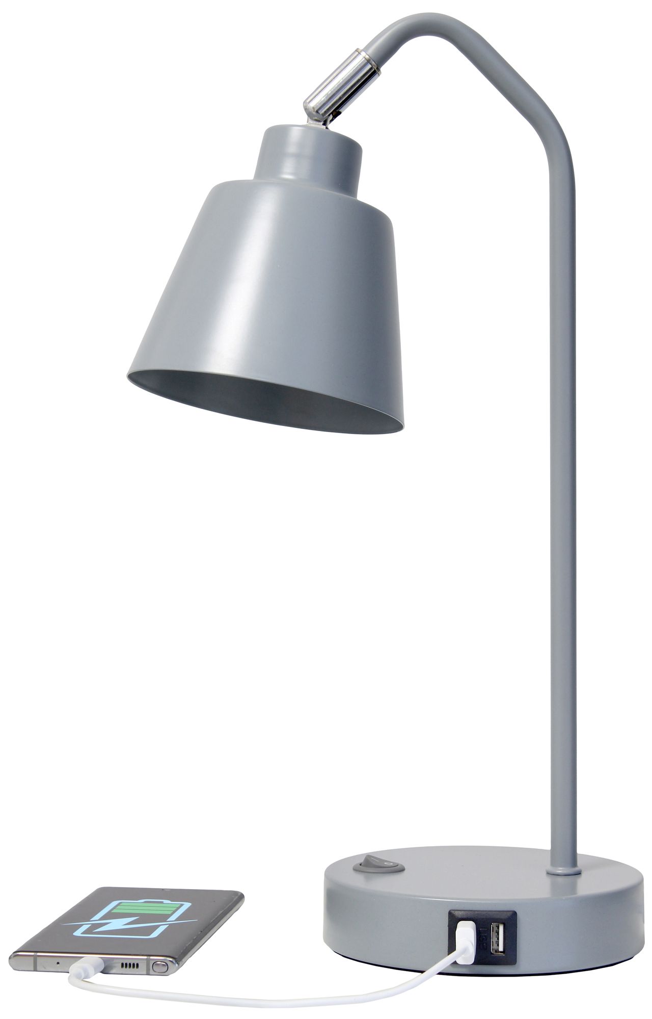 Simple Designs 16" Sleek Adj Metal Desk Task Lamp, Dual USB Ports, Gray