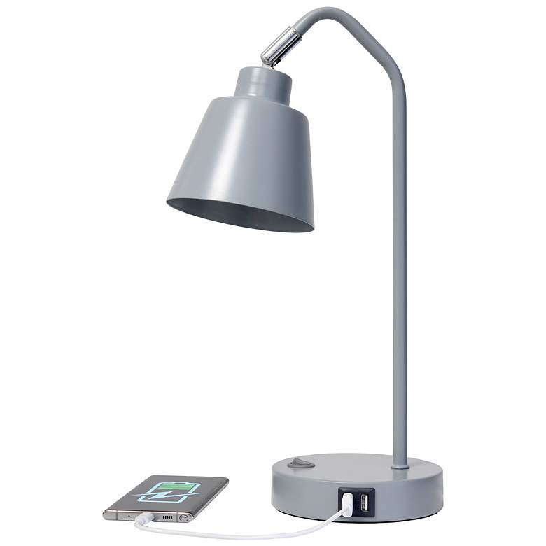 Image 7 Simple Designs 16" Sleek Adj Metal Desk Task Lamp, Dual USB Ports, Gray more views