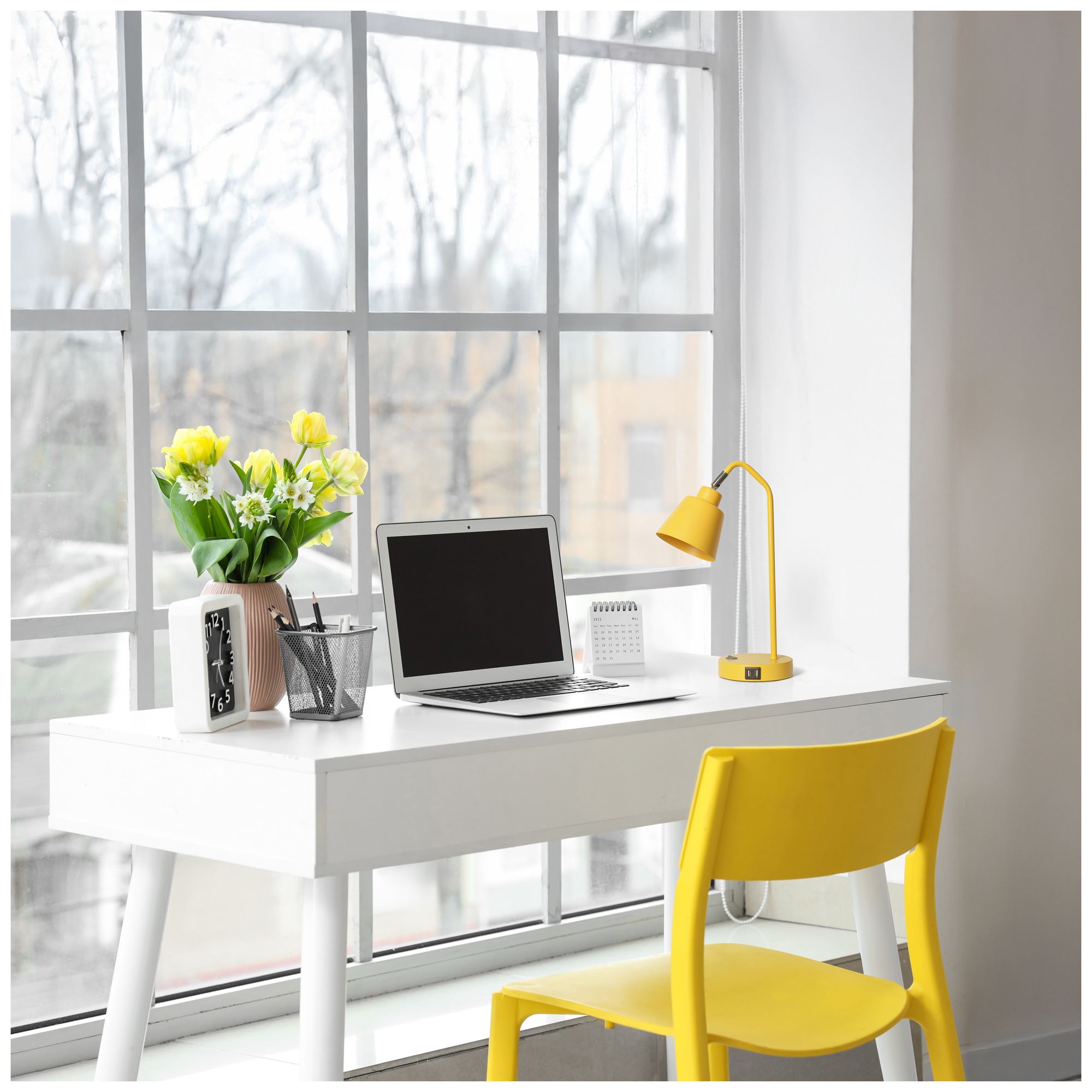 Simple Designs 16" Sleek Adj Metal Desk Task Lp, Dual USB Ports, Yellow
