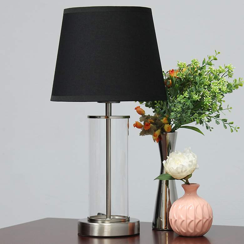 Image 1 Simple Designs 17 inchH Brushed Nickel Accent Table Lamp with Black Shade