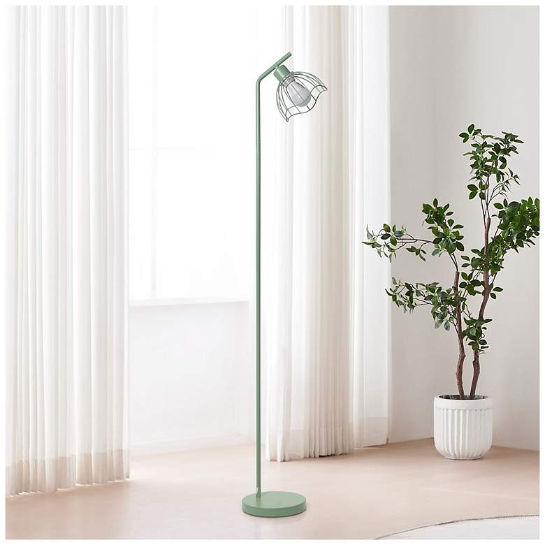 Image 1 Simple Designs 54.5" Industrial Metal Fl Lamp w Wire Cage Shade, Sage Green