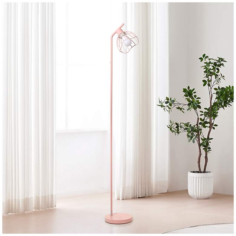 Image 1 Simple Designs 54.5" Industrial Metal Floor Lamp w Wire Cage Shade, Pink