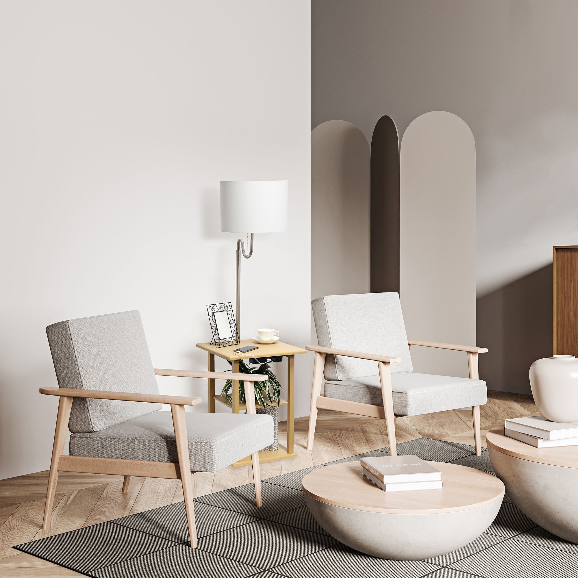 Simple Designs 57" Beige End Table Floor Lamp with USB and Outlet