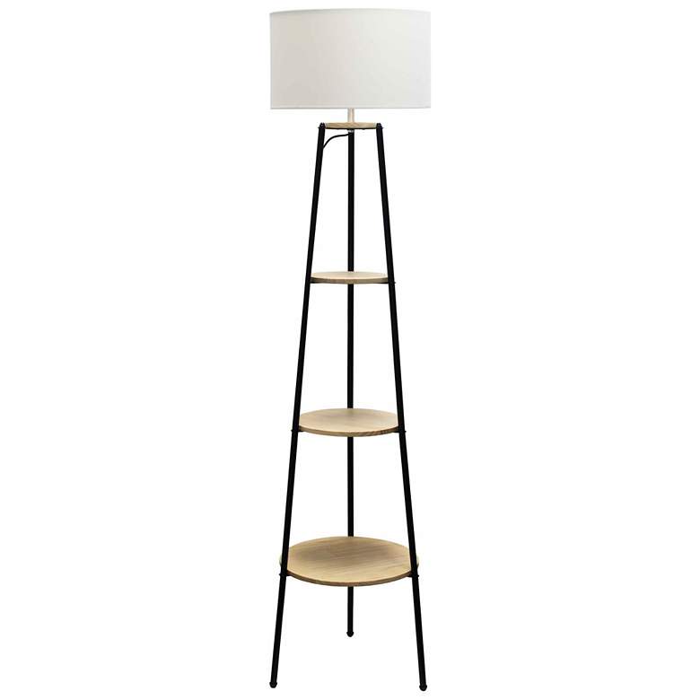 Image 1 Simple Designs 62.5 inch Tall Tripod 3 Tier Shelf Floor Lamp, Light Wood