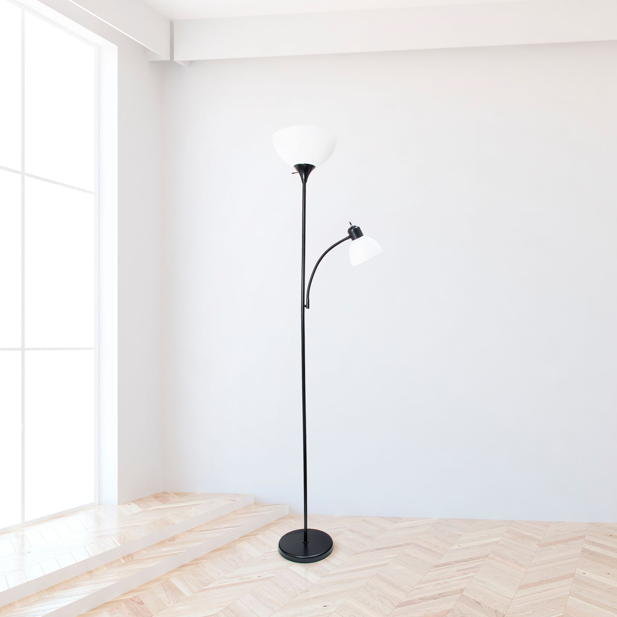 Simple Designs 71.5" Floor Lamp with Reading Light 2 Pack Set, Black