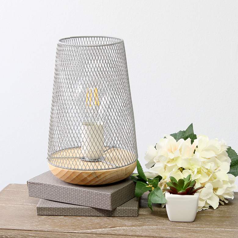 Image 1 Simple Designs 9"H Tapered Gray Mesh Accent Table Lamp