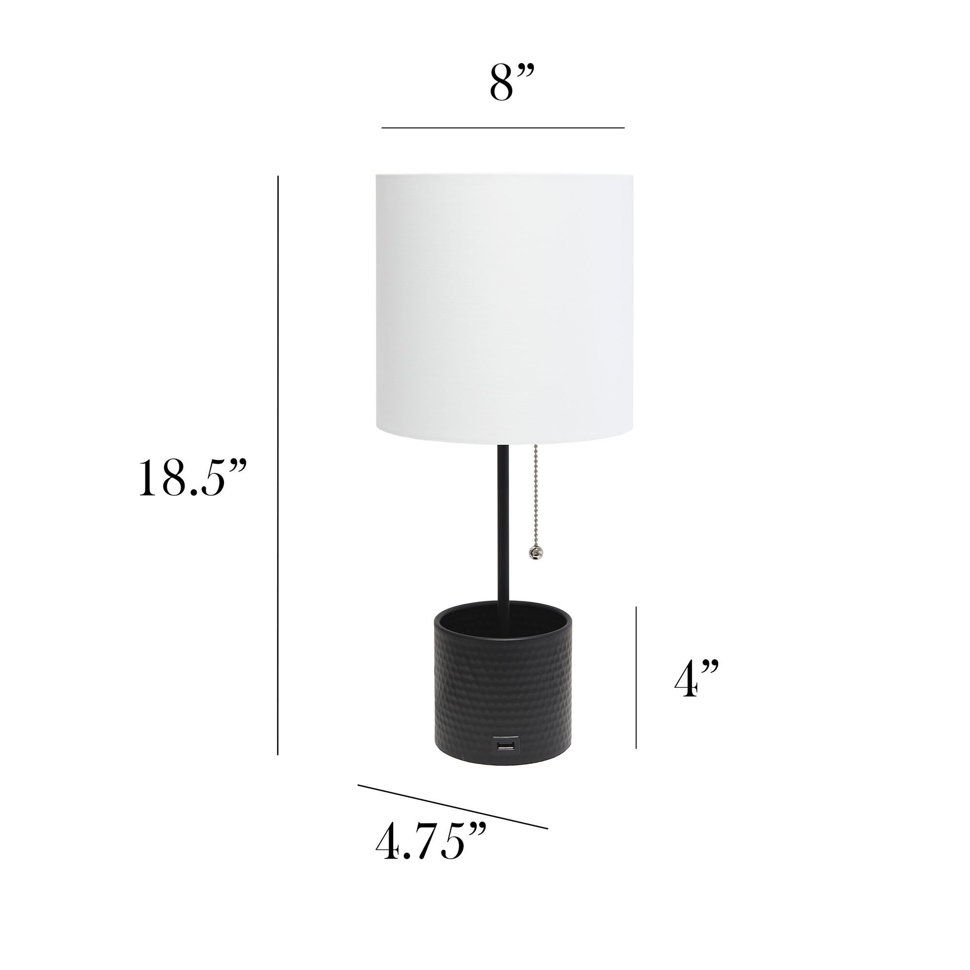 Simple Designs Black Hammered Metal Table Lamp with Organizer and USB Port