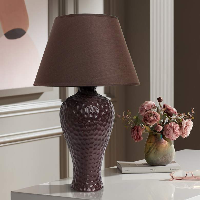 Image 1 Simple Designs Brown Curvy Stucco Ceramic Table Lamp with Brown Shade