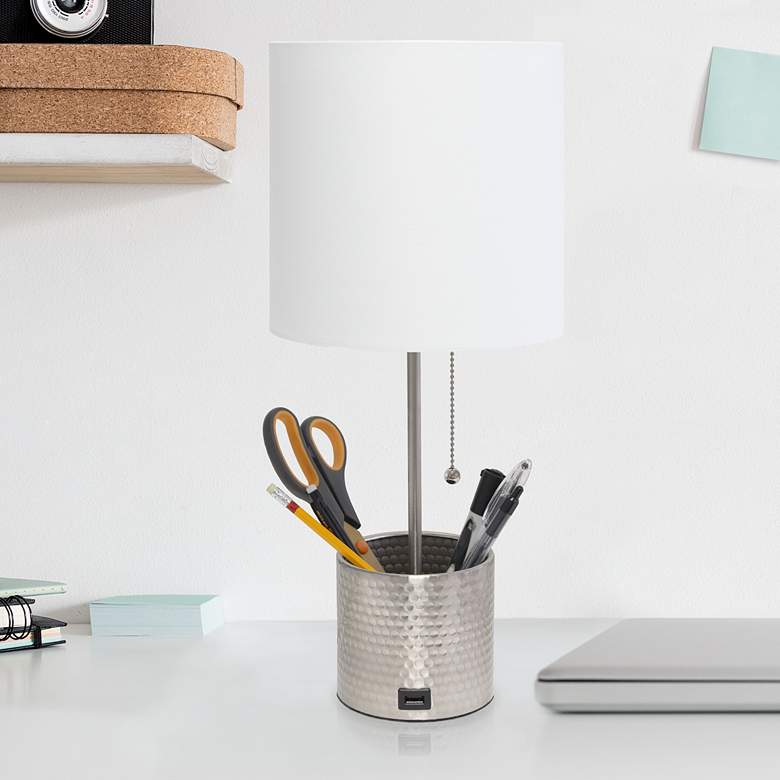 Image 1 Simple Designs Brushed Nickel Metal Table Lamp with Organizer and USB Port