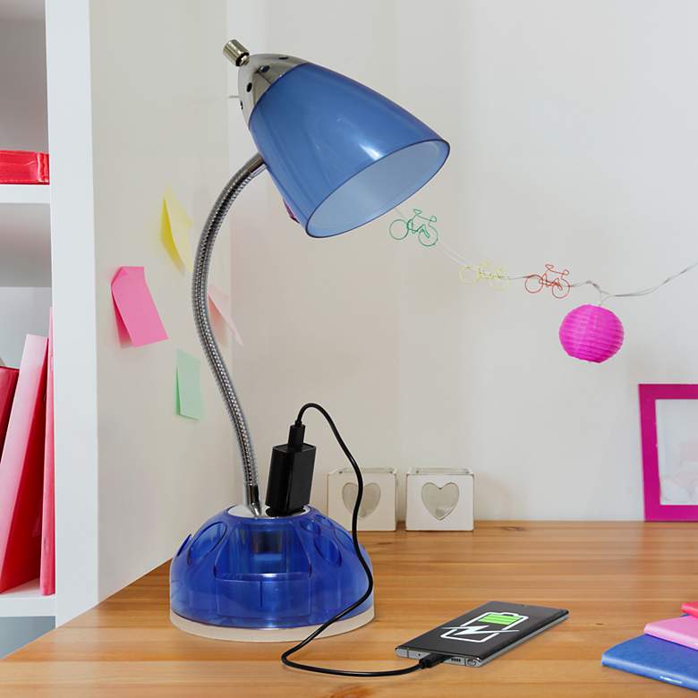 Image 1 Simple Designs Desk Lamp with Charging Outlet Lazy Susan Base, Blue