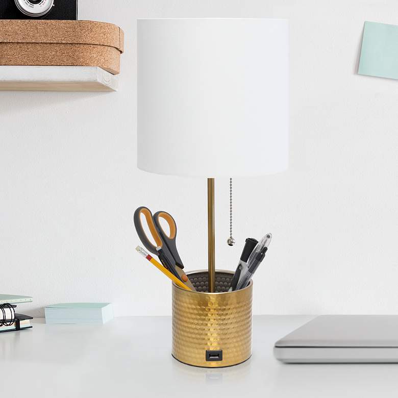 Image 1 Simple Designs Gold Hammered Metal Table Lamp with Organizer and USB Port