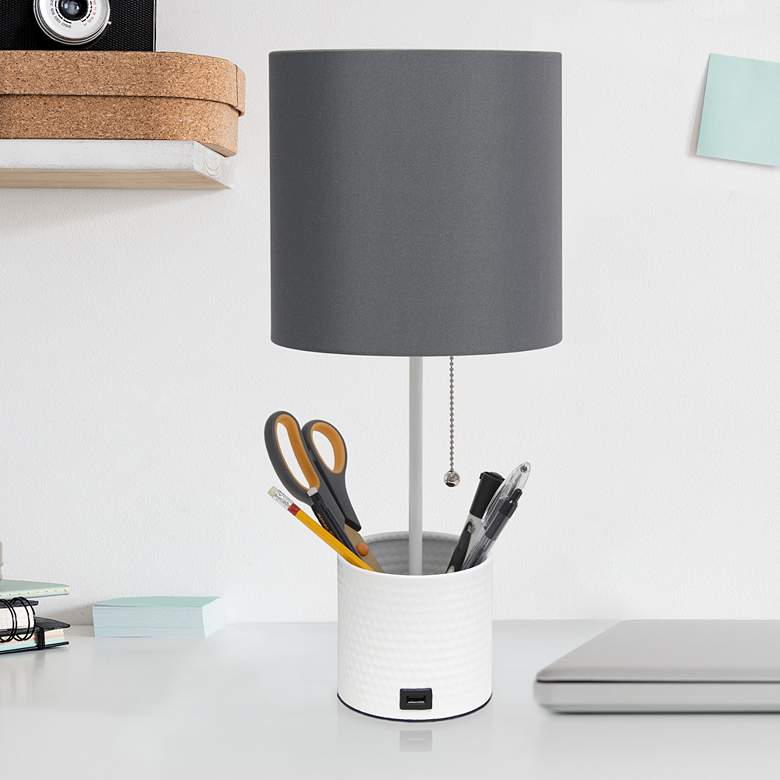 Image 1 Simple Designs White and Gray Metal Table Lamp with Organizer and USB Port