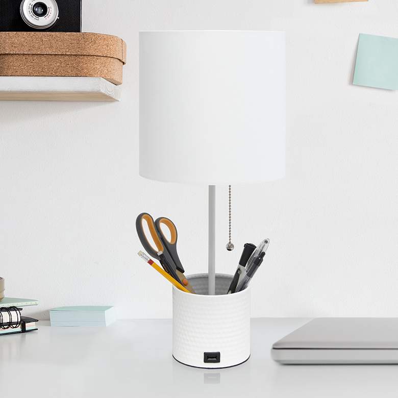 Image 1 Simple Designs White Hammered Metal Table Lamp with Organizer and USB Port